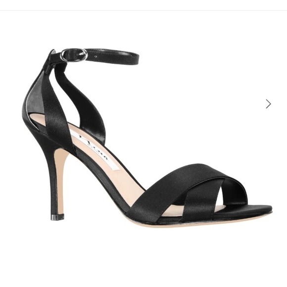 NIB Nina Womens Venus Black Satin High Heels Sandals Ankle Strap Sz 8.5 Cocktail - Picture 1 of 5